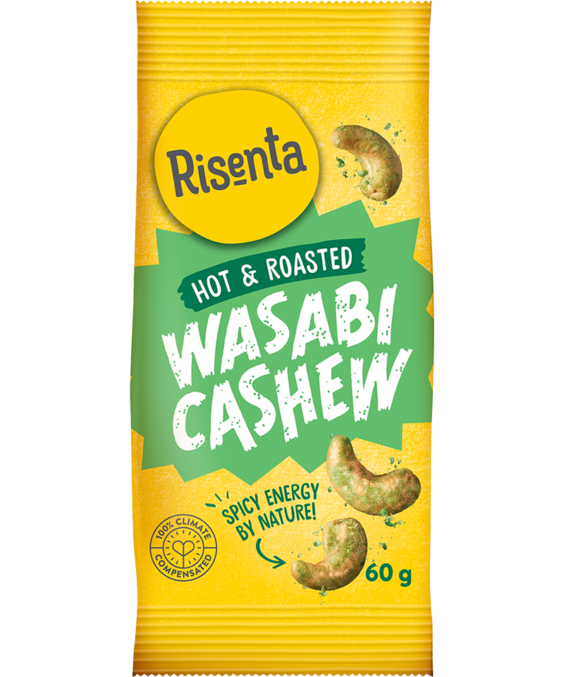 Påse med wasabikryddade cashewnötter från Risenta