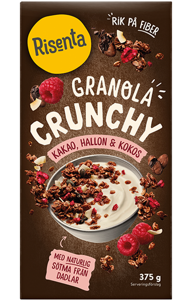 Bild på förpackning med Risenta Granola Kakao Hallon Kokos 