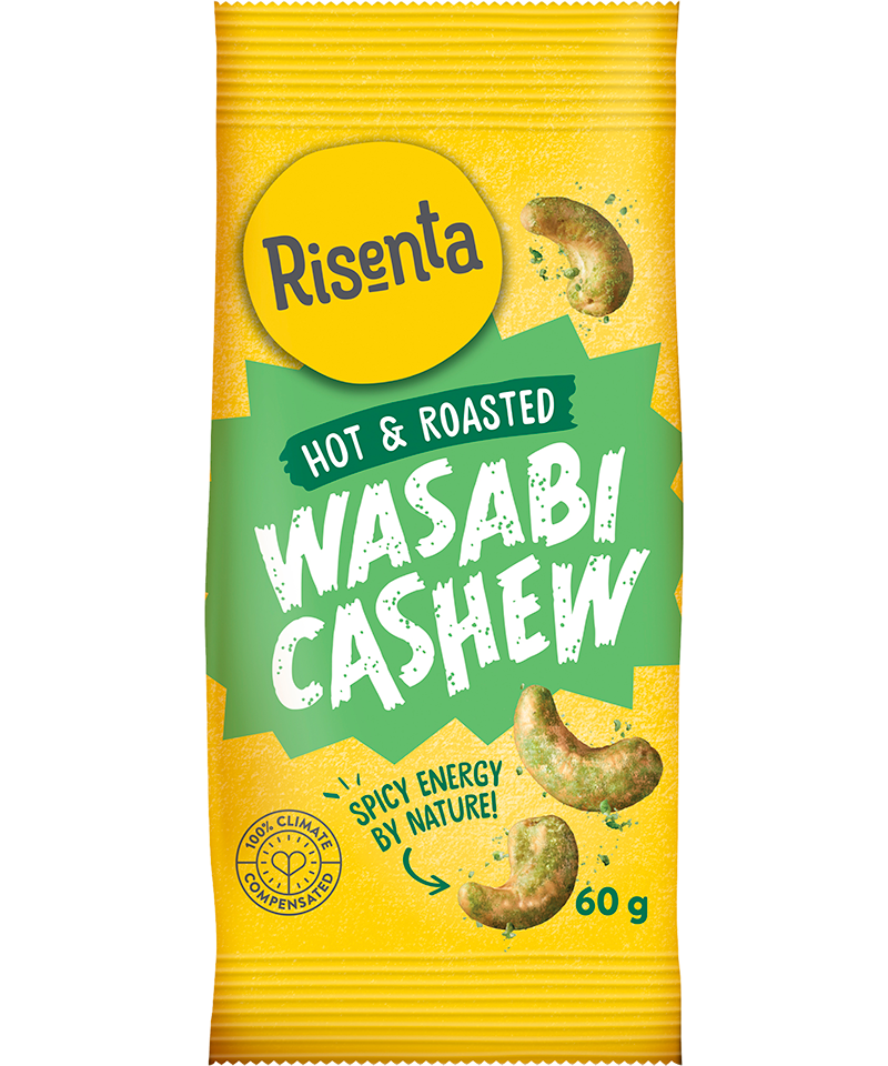 Påse med wasabikryddade cashewnötter från Risenta