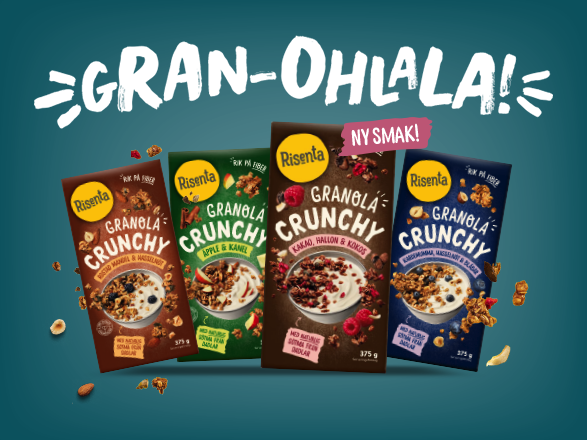 Risenta granola förpackning med fyra smaker