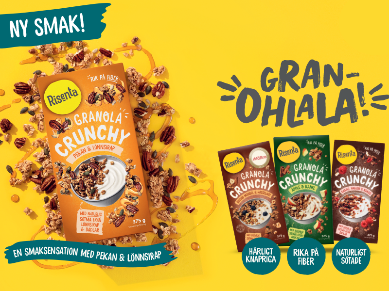 Risenta granola förpackning med fyra smaker