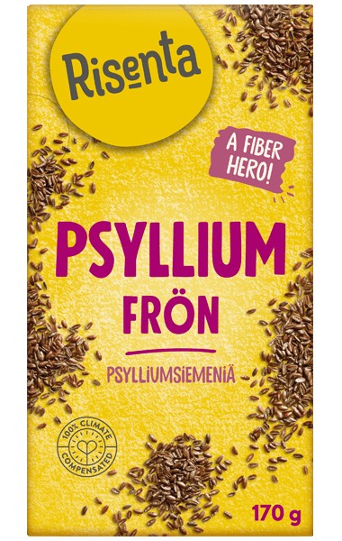 Påse med mörka psylliumfrön från Risenta