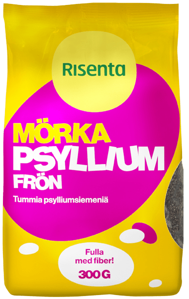 Påse med mörka psylliumfrön från Risenta