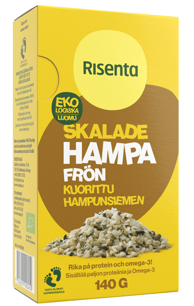 Förpackning med skalade hampafrön från Risenta